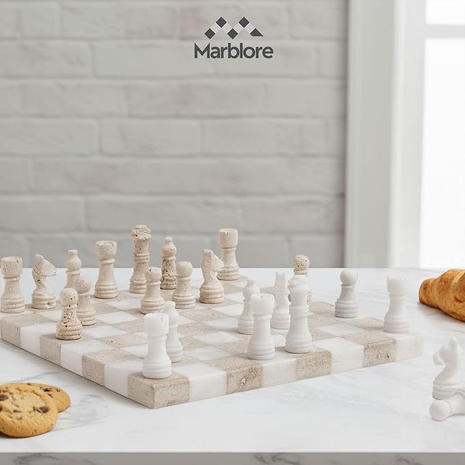 Marble Chess Set 10 Inch Handmade White &amp Travertine Chess Board with 32 Pieces &amp 2 Extra Queens Classic 2 Player Chess Game for Adults Elegant Gift for Women's and Perfect for Game Nights