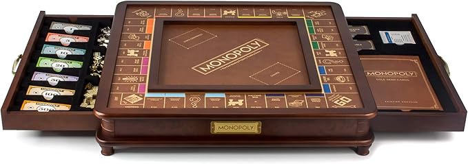 Monopoly Luxury Edition by WS Game Company Burl Wood Cabinet with Gold Foil Stamped Game Board Faux Leather Rolling Area and 2 Storage Drawers Premium Board Games for 2-6 Players