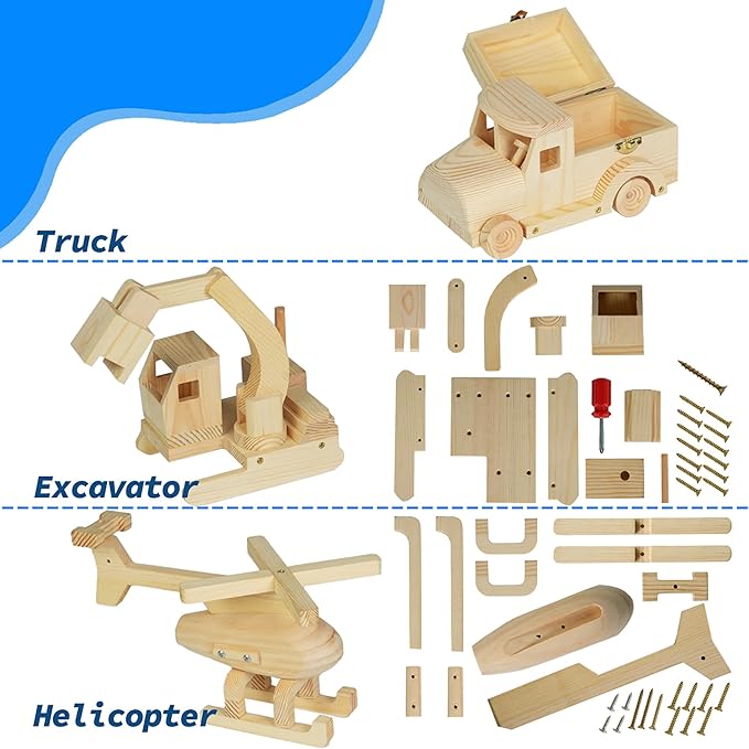 Easy Playhouse: Wood Building Toy Kit - DIY 3 Vehicle Projects: Helicopter Truck &amp Excavator 12 Paint Colors &amp 2 Brushes Arts &amp Craft Set Kids 8+