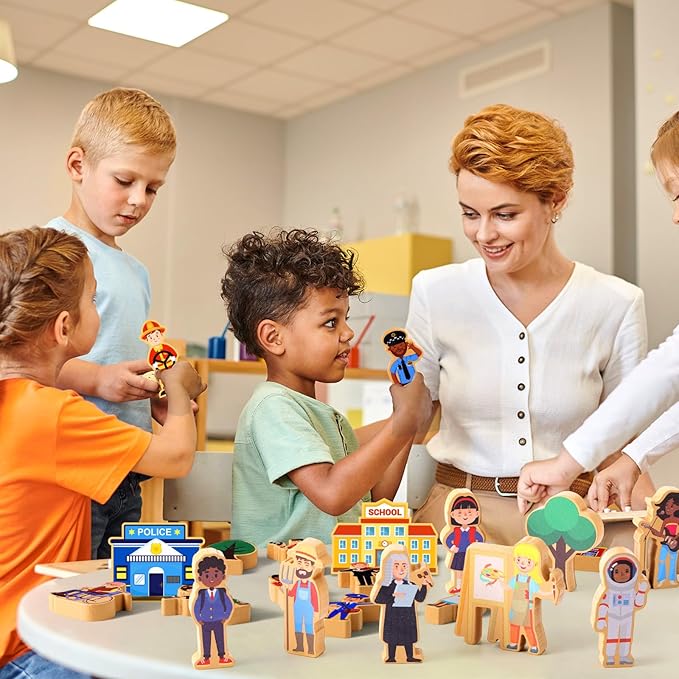 Blosssound 40 Pcs Wooden Community Helpers for Kids Little Occupations Figures Play Toys Wooden Blocks Multicultural Career Preschool Classroom Educational Supplies Birthday Gifts