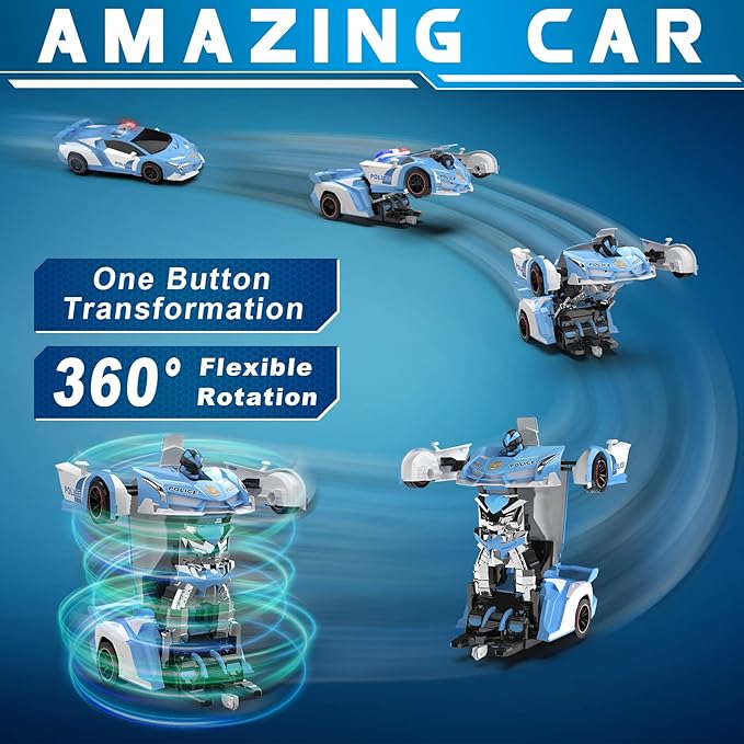 FDJ RC Cars - Transform Remote Control Car 2.4Ghz 1:18 Scale Transforming Police Car Toy with Flashing Light One Button Deformation 360 Degree Rotating Drifting Kids Toys Car for Boys Girls
