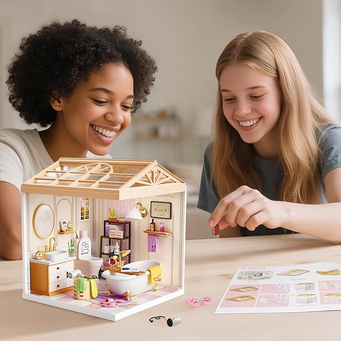 DIY Miniature House Kit with Roof &amp Dust Covers Creative Construction Toys with Light &amp Furniture for Mini Figures Christmas Decoration Gift for Teens Adults (Bathroom)