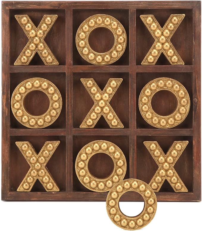 NIKKY HOME Tic Tac Toe Game Coffee Table Decor 10.6 Inch Rustic Wooden Board Gold
