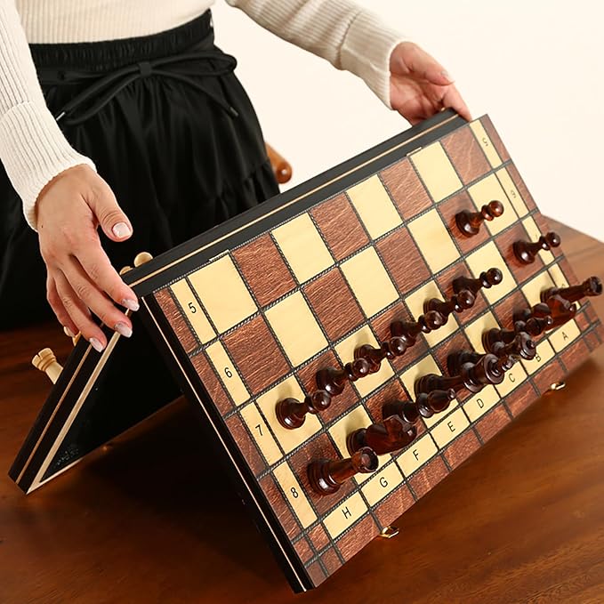 LargeDeluxe 17-Inch Wooden Chess Set - Perfect for Adults and Beginners Handcrafted Unique Folding Design Board Games