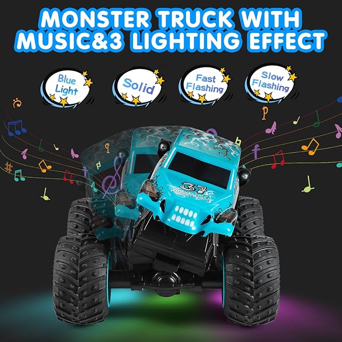 DYODYORC Remote Control Car 2.4Ghz All Terrain Shark Monster Truck Toys RC Truck with Music 3 Lighting Effects 360 Stunt Capable 2 Batteries Ready to Run Toy Gifts for Boys and Girls (Blue)