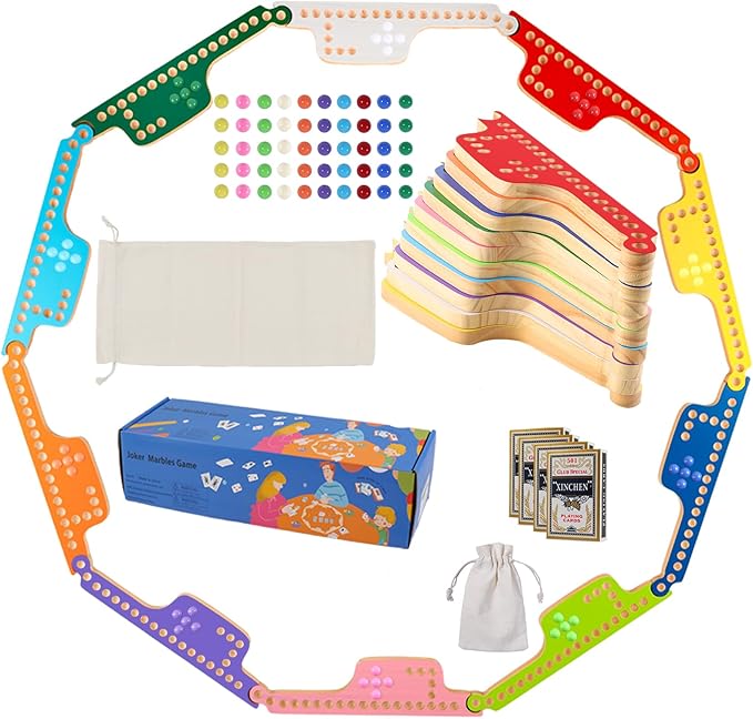 Colorful Jokers and Marbles Board Game Pegs and Jokers Card Game for 2-10 Players 10 Solid Wood Game Boards 10 Colors 50 Marbles 4 Decks of Cards Full Size Game Set (10 Players-10 Colors)…