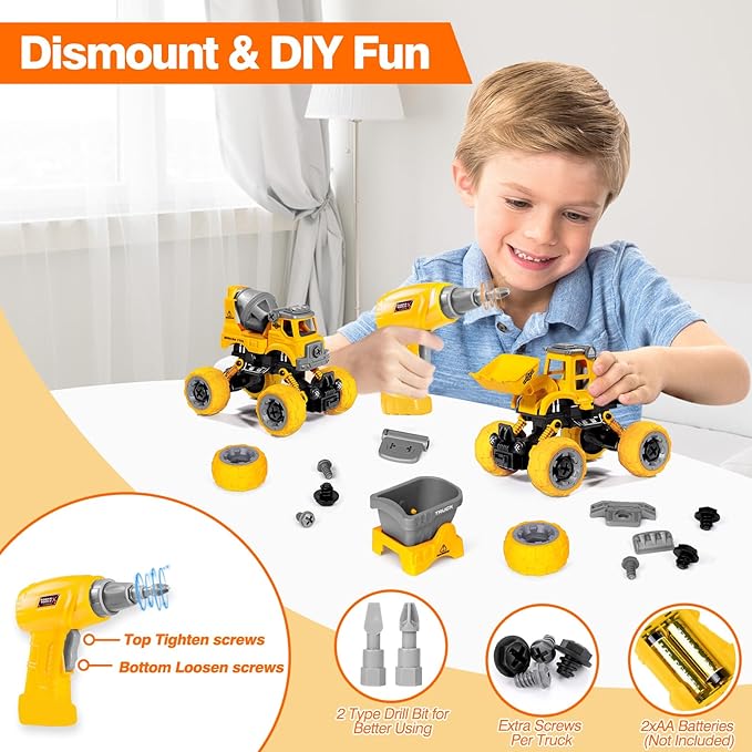 LUDILO 4PCS Take Apart Toys for 4 Year Old Boys Construction Toys with Electric Drill DIY Assembly Building Stem Toys Trucks Gifts for 3 4 5 6 7 8 Year Old Boys Girls Kids Learning Educational Toys