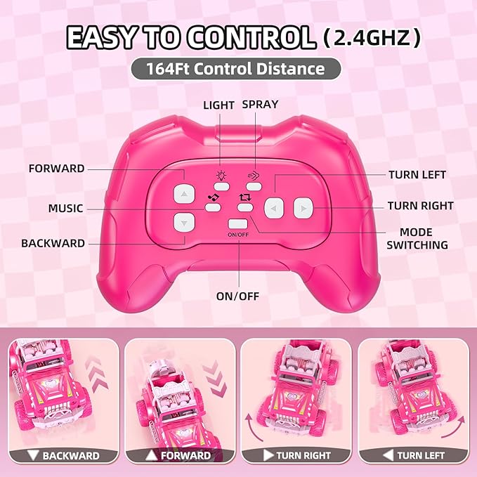 Pink Remote Control Car for Girls 4-7 2.4GHz Off-Road RC Jeep with Spray Climbing Toy for Girls Aged 3-4 5-6 7-8 9-10 Remote Control Vehicle Gift for Birthday Christmas Toys