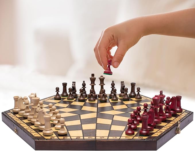 Husaria Wooden Three-Player Chess Game Set - 21 Inches - with Foldable Board Handcrafted Playing Pieces and Felt-Lined Storage