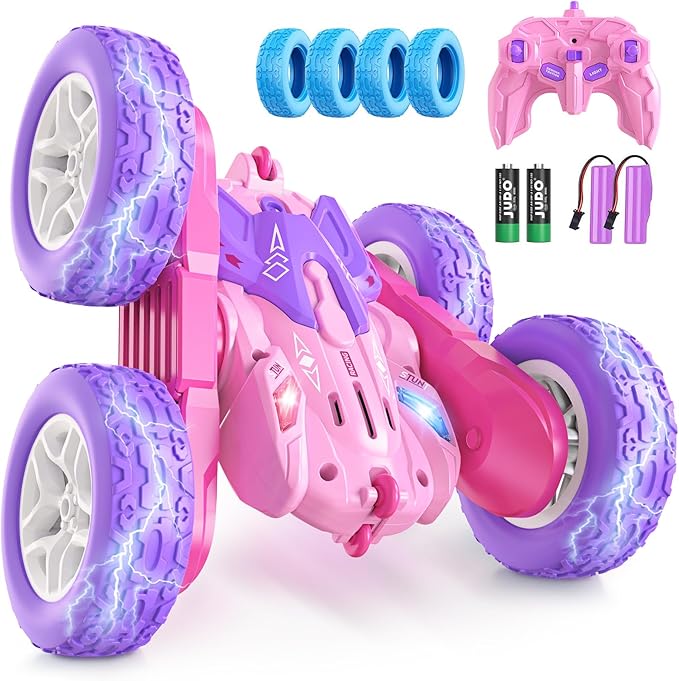 Remote Control Cars for Girls 2.4GHz RC Stunt Car with 360° Flips &amp Double Sided Driving Changeable Wheels LED Headlights Birthday Gift for 5-12 Year Old Girls (Pink)
