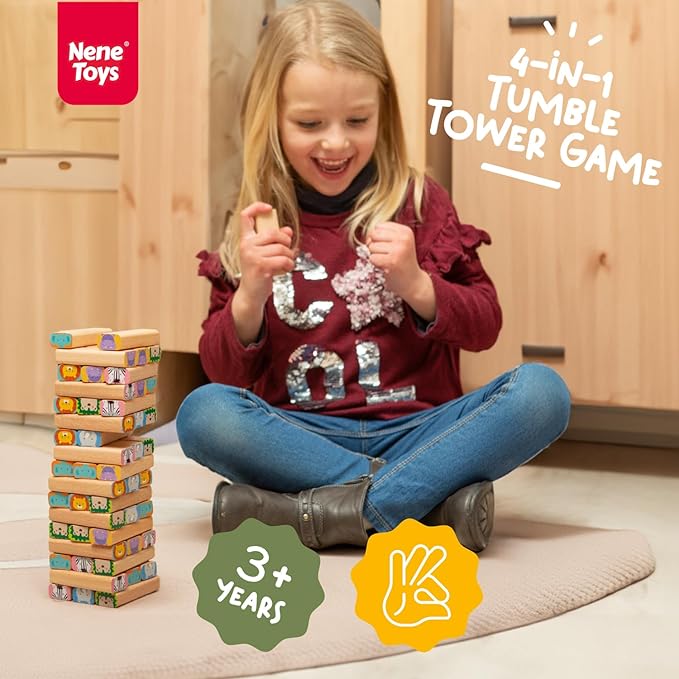 Nene Toys Wooden Block Stacking Game – 4-in-1 Tumble Tower Family Board Game with Building Blocks Cards and Dice – African Safari Educational Wooden Toy for Kids 3-9 Years Old About Animals