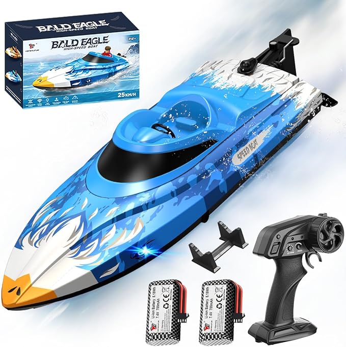 RC Boat 25KM/H High Speed Waterproof Remote Control BoatWater Cooling 2.4GHz Remote 2 Batteries LED Lights One-Key Flip Low Battery &amp Out-of-Range Alarm Pool &amp Lake Racing for Kids &amp