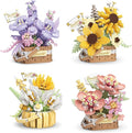 Miniature Flower Bouquet Building Blocks Set DIY Bonsai Basket Kit Artificial Flowers Botanical Collection Toys Home Shelf Decor for Adults &amp Teens (4 Sets)