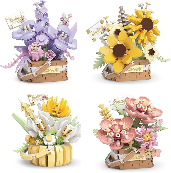 Miniature Flower Bouquet Building Blocks Set DIY Bonsai Basket Kit Artificial Flowers Botanical Collection Toys Home Shelf Decor for Adults &amp Teens (4 Sets)
