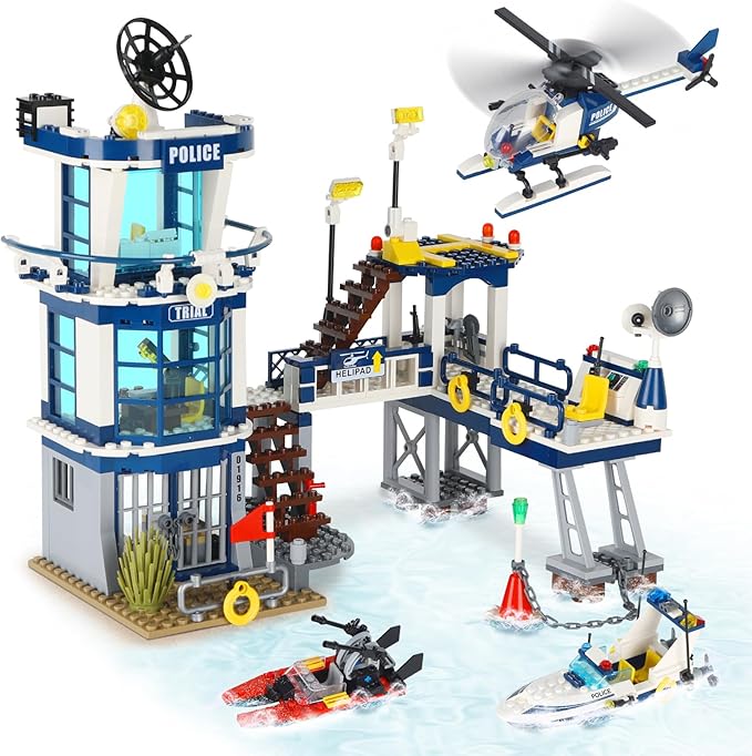 City Police Station STEM Building Sets Compatible with Lego Military Helicopter AirplaneBoats Ship Swat TeamBuilding Kit for Kids 565 PCS Best Gift for 6-10 Boys