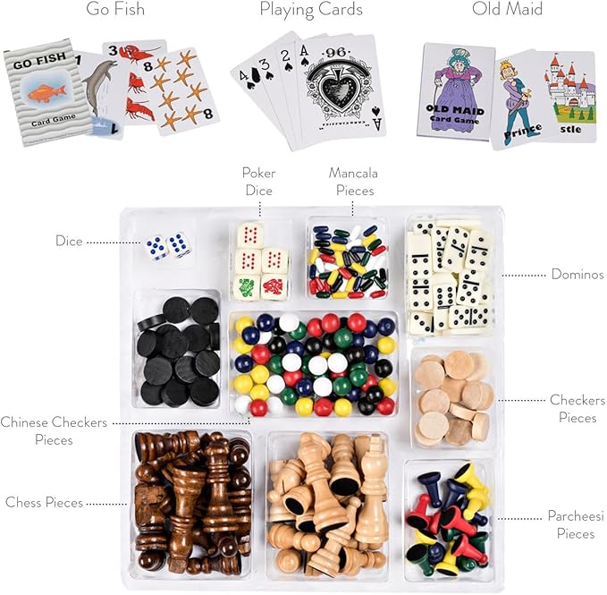 Board Game Set - Deluxe 15 in 1 Tabletop Wood-accented Game Center with Storage Drawer (Checkers Chess Chinese Checkers Parcheesi TicTacToe SOlitaire Snakes and Ladders Mancala Backgammon Pok