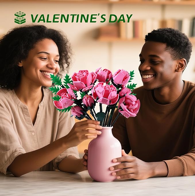Pink Rose Flower Building Set-10pcs Roses &amp 2pcs Leaves Botanical Collection Artificial Flowers for Home Décor Rose Bouquet Building Kit for Valentine’s Day Christmas Birthday Anniversary (No Va