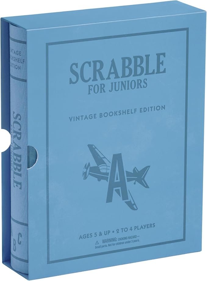 WS Game Company Scrabble for Juniors Vintage Bookshelf Edition: Linen Fabric-Wrapped Book Case — Educational Scrabble Jr. Board Game for Kids and Families (2-4 Players Ages 5+)