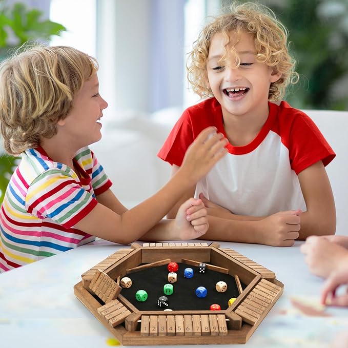 Exqline Shut The Box Game for 2-6 Players Wooden Board Table Math Game with 14 Dice 6 Way Classic Puzzle Board Games for Home Classroom or Pub