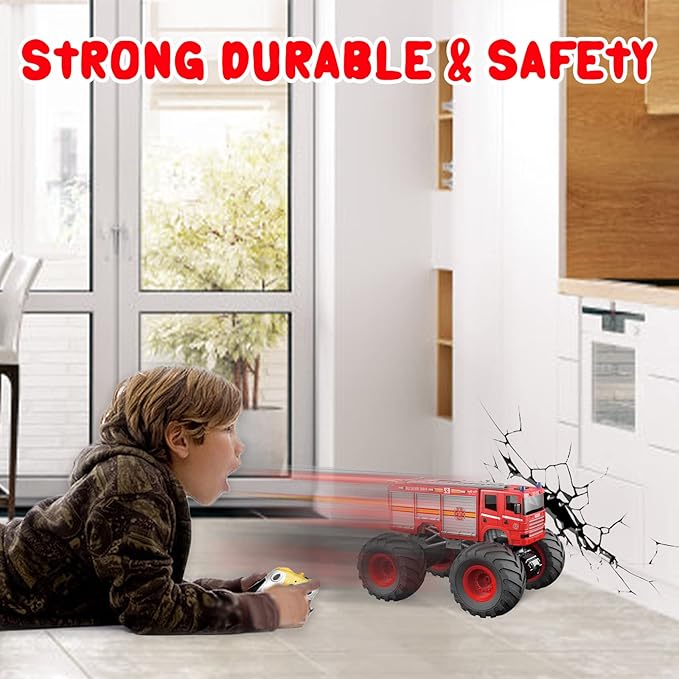 Remote Control Car RC Fire Truck for Kids RC Monster Truck Toy 2.4GHz 1:18 Scale Model Vehicle with LED Lights Sounds Racing Sport Toy Car for Adults Boys Girls Kids Gift 2Pcs Batteries
