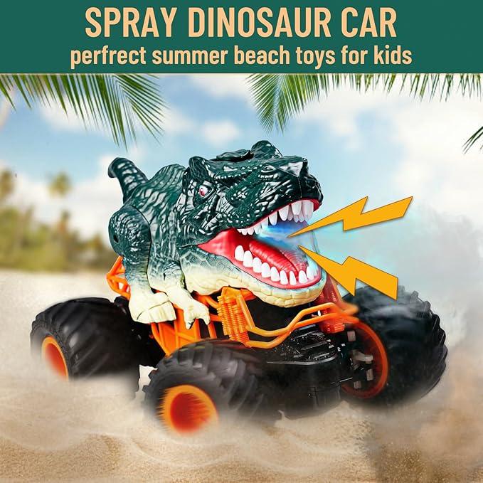 Dinosaur Monster Truck Toys - Remote Control Dinosaur Car 2.4Ghz RC Truck with Lights Music &amp Spray - Electric Hobby RC Cars for Toddlers - Birthday Gift for Kids Boys Girls Ages 3-8 (Green)