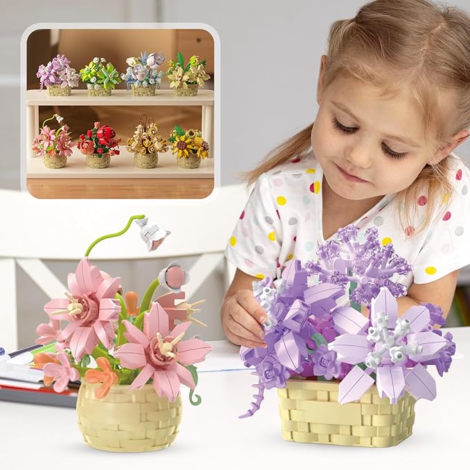 8 Pieces Flower Block Set Plant and Succulent ToysBirthday Gift for Women and Girls As a Decoration or Adult Block Toy