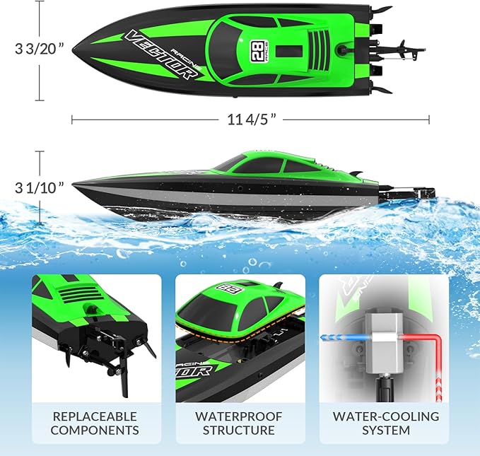 VOLANTEXRC RC Boat 20MPH Fast Remote Control Boat for Adults 2.4Ghz Toy Boats for Pools and Lake with 2 Rechargeable Batteries Toys Gifts for Adults with Light Green