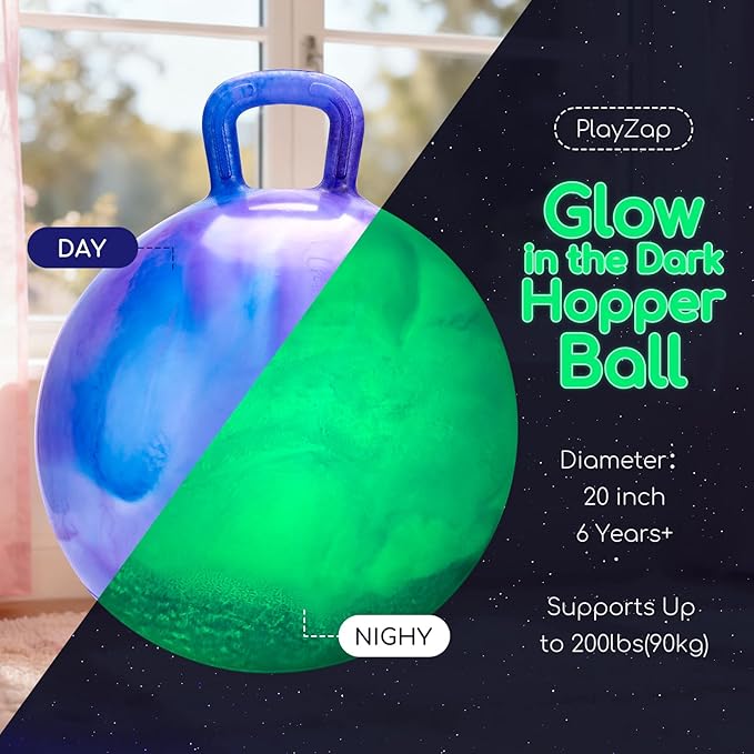 PlayZap Glow in The Dark Hopper Ball for Kids 6-12 Night Light Bouncy Ball with Handle 20 Inch Inflatable Hippity Hop Jumping Hopping Toys Girls Boys Gifts for Indoor Outdoor