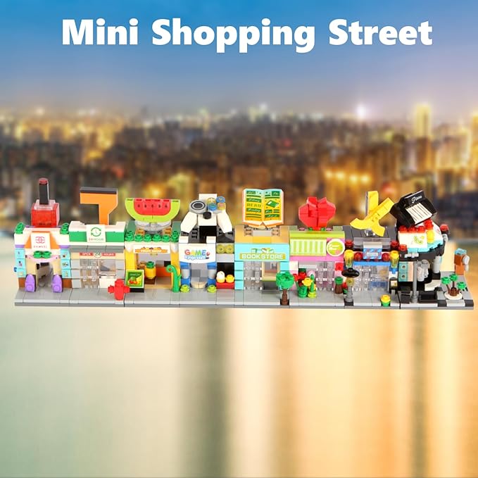 8 in 1 Mini City Street Scene Building Blocks Set - 8 Pack Toy Shops: Beauty Supermarket Music Fruit Bookstore+ (894 PCS) | Gift for Kids 6+ - Birthday|Easter|Holiday