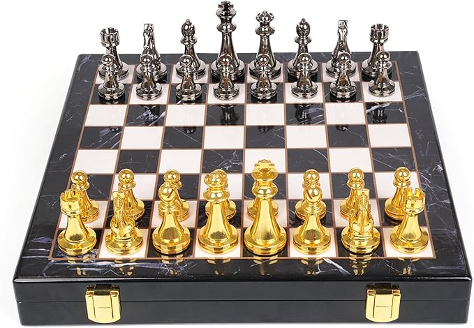 Metal Chess Set for Adults and – Marbling Chess Board with Chess Pieces – Travel Chess Sets with Extra Queens with zinc Alloy Metal Pieces – Ideal for Beginners and Professional Players