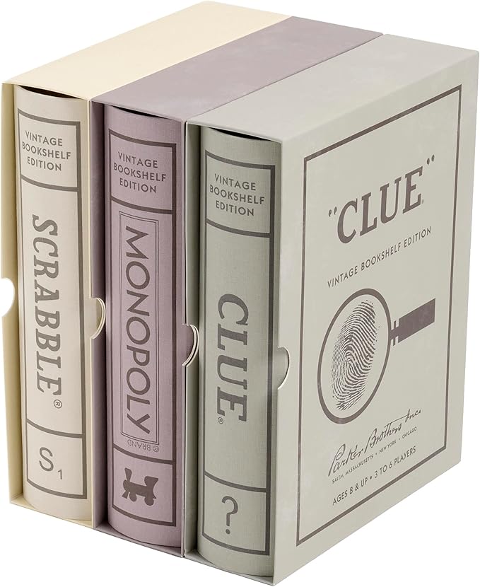 WS Game Company Vintage Board Games Bookshelf Collection - Scrabble Monopoly &amp Clue in Book-Style Cases for Family Game Night Classic Board Games for 2-6 Players Ages 8+