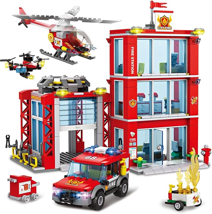 City Fire Station Building Kit Compatible with Lego Fire Rescue Building Blocks Includes Fire Station Fire Truck Fire Helicopter and Drone Toy Set Gift for Kids Boys Girls Age 6-12（784 PCS）
