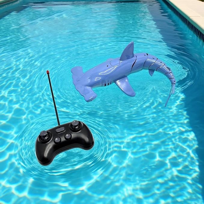 Summer Pool and Beach Remote Control Shark Boat Bath Toys RC Submarine Robo Shark Model Realistic Wiggle-Tail Electric Fish Hammerhead and Dusky Sharks Kids Gift Pool Toy for Ages 6–12 (Blue)
