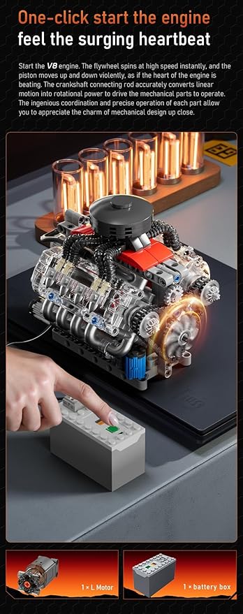 Sosuy V8 Engine Building-Blocks Sets Working Motor Model 487+PCS Mechanic Display Home Set for Collection Fans STEM Cars Toys for Boys Birthday Gitf for 8+ Kids Adults Men Girls