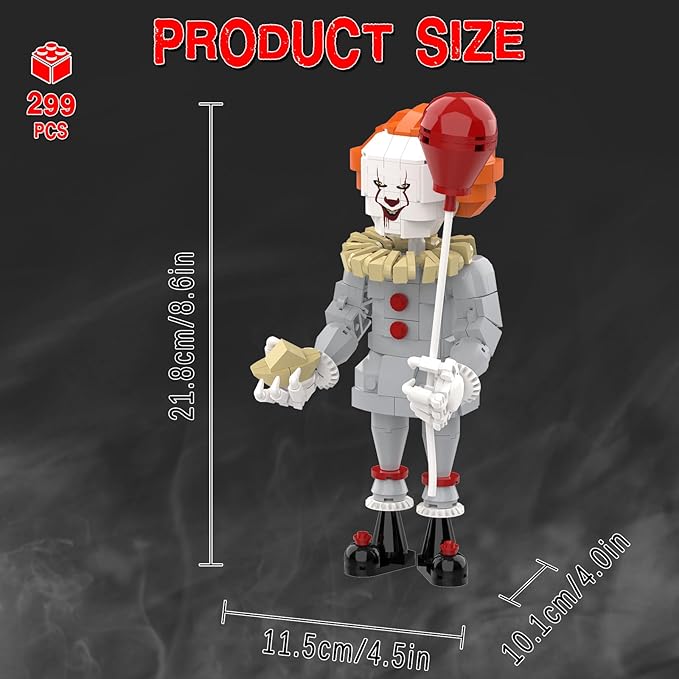 Pennywise Clown Building Set Horror IT Movie Merchandise Figure Building Kit Creative Halloween Collectible Birthday Gift for Kids Teens Adults (299Pcs)