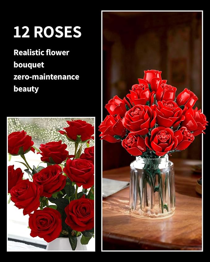 Red Rose Bouquet Building Set 12 Artificial Roses Flower Building Blocks for Adult Women Botanical Collection Home Decor Romantic Gift for Mother's Day Valentine's for Adults Girls (512 PCS)