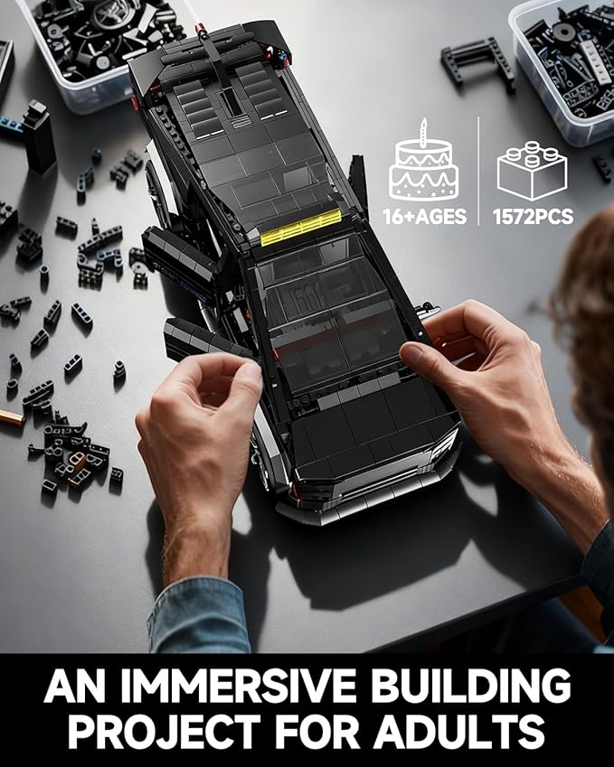 Remote Control Building Kit Futuristic Cyber Truck Model Black Electric RC Vehicle with Omniwheel Drift 1572 Pieces Construction Set for Adults 14+