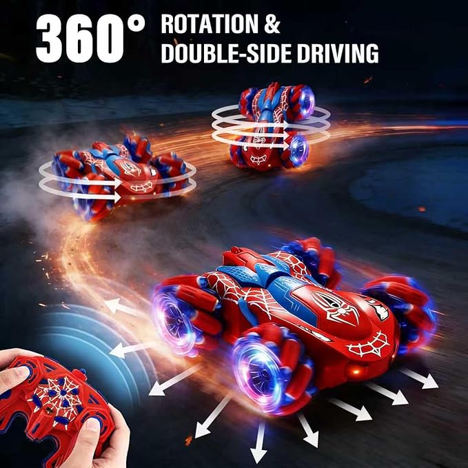 Spider RC Stunt Car for Kids 2.4GHz Double-Sided 360° Rotating 4WD Remote Control Car with LED Headlights Rechargeable Off-Road Spider Toy Gift for Boys Ages 4–6 5–7 8–13
