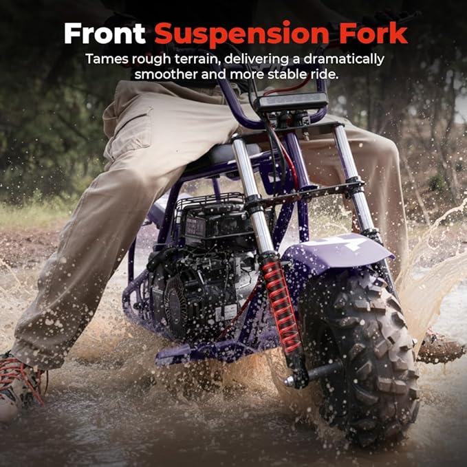 FRP GMB100 Performance 99CC 4-Stroke Mini Dirt Bike - Upgraded Hydraulic Brakes &amp Front Suspension Fork 28MPH Off-Road Mini Bike with LED Headlight Anti-Slip Seat Supports 220LBSPurple