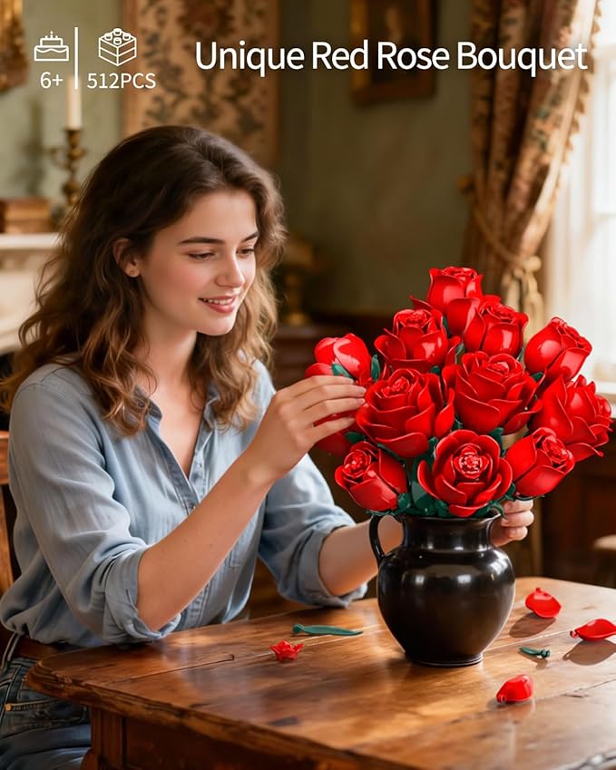 Red Rose Bouquet Building Set 12 Artificial Roses Flower Building Blocks for Adult Women Botanical Collection Home Decor Romantic Gift for Mother's Day Valentine's for Adults Girls (512 PCS)