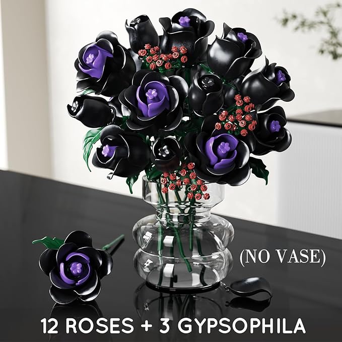 HOGOKIDS Flowers Bouquet Building Set - 15 Black Roses Botanical Collection Building Blocks Artificial Flower Toy 330PCS Gothic Home Decors Easter Gift for Her Girlfriend Wife Adults Teens Kids 8+