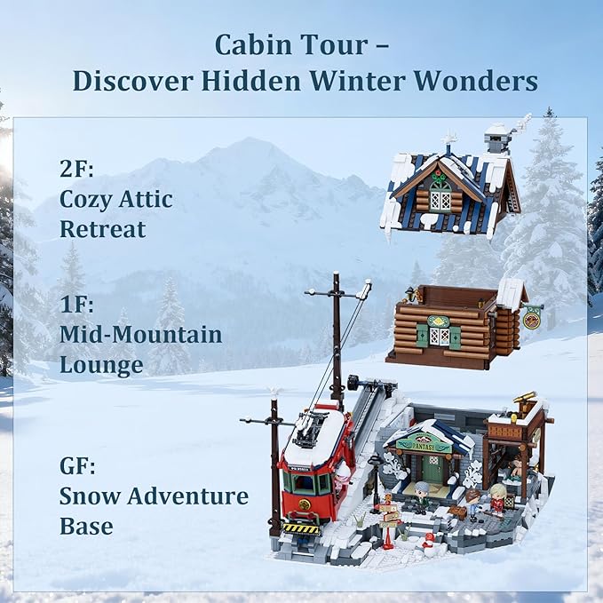 PANTASY Winter Summit Ski Lodge Building Set3-Story Mountain Cabin with Vintage Tram&ampSnowy LandscapeModular Brick Architecture Model with Opening WallIce Cave&ampMinifigures Holiday Display fo