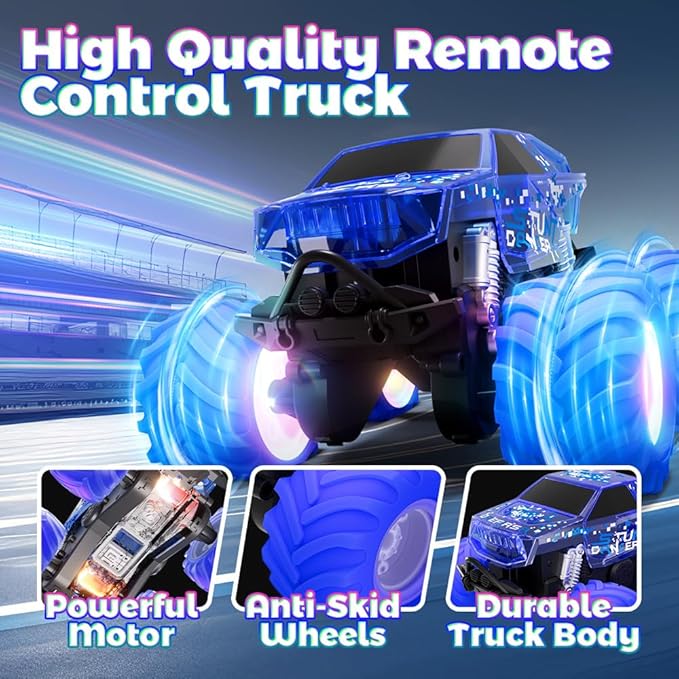 Blue Monster Truck Toy Amphibious Remote Control Car 4WD All Terrain Off-Road RC Truck with Colorful Light RC Stunt Car Toy for 6 7 8 9 10 11 12 Year Old Boy Birthday Gift