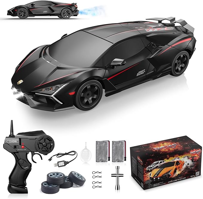 Remote Control Car RC Drift Car 1:16 Scale 4WD 18KM/H High Speed Model Vehicle 2.4GHz with LED Lights Spray Rubber Tire Racing Sport Toy for Adults Boys Girls Kids Gift 2Pcs Rechargeable Batteries