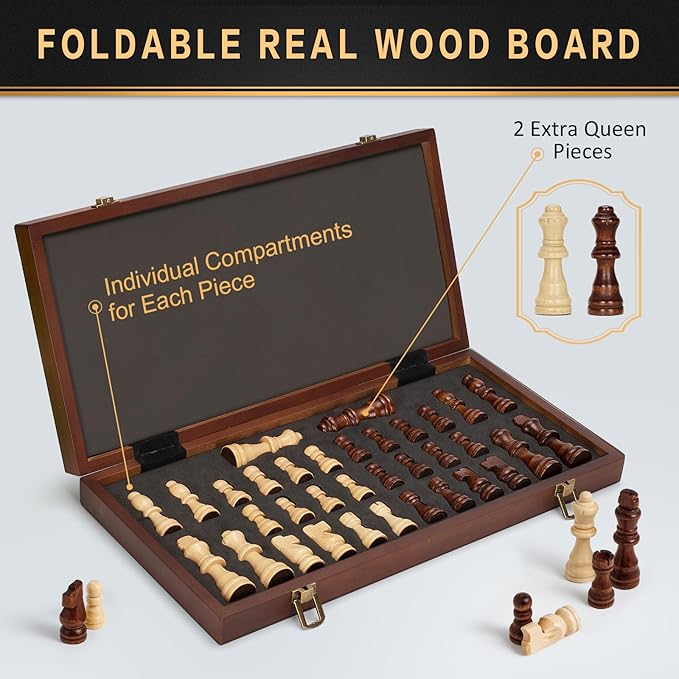 Magnetic Wooden Chess Set 15 Folding Chess Board with 2 Extra Queens Portable Travel Chess Set with Pieces Storage Slots Beginner Chess Board Game for Adults &amp Kids