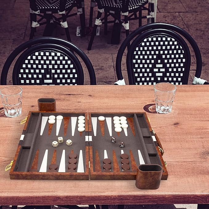 AMEROUS Backgammon Set 15 Inches Classic Board Game with Leather Case Folding Board Gift Package Portable Travel Strategy Backgammon Game Set for Adults Kids (Medium Brown)