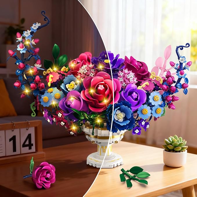 Moon Flower Bouquet Building Set with Lights Valentines Day Flowers Botanicals Building Block Kit 1274 PCS Bonsai Plant Collection Home Decor Gift for Her Adults Women Boys Girls 12+