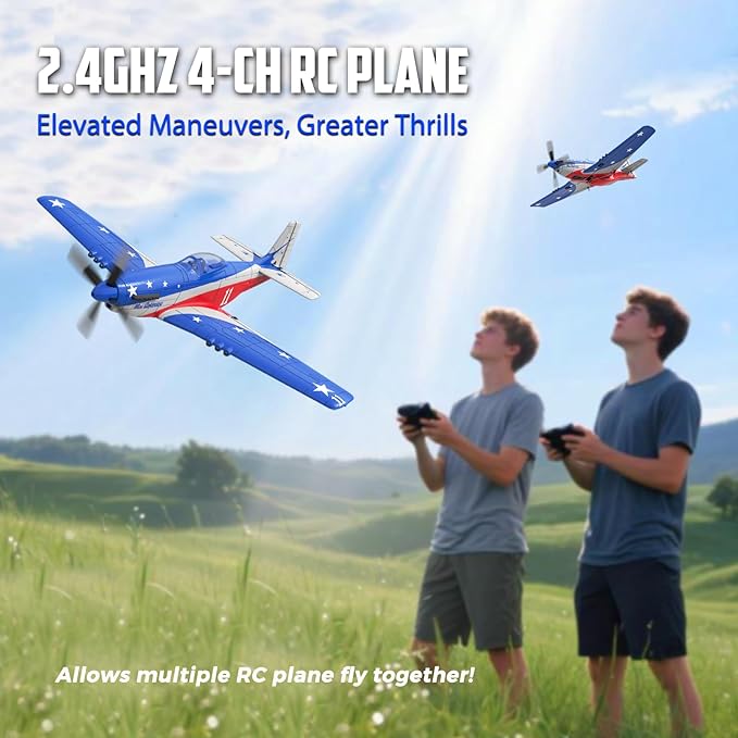 P51 Mustang RC Plane 4 Channel - 2.4G Remote Control Airplane for Adults with 3 Flight Modes to Learn RTF RC Airplane with X-Pilot Stabilization &amp One-Key Aerobatics for Beginners
