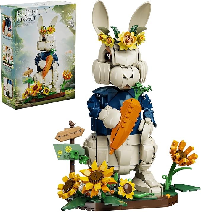 Easter Bunny Building Set with Carrot &amp Sunflower Base 1258 PCS Bricks Blocks Rabbit Model Compatible with Lego Easter Creative Easter Gift for Kids and Adults
