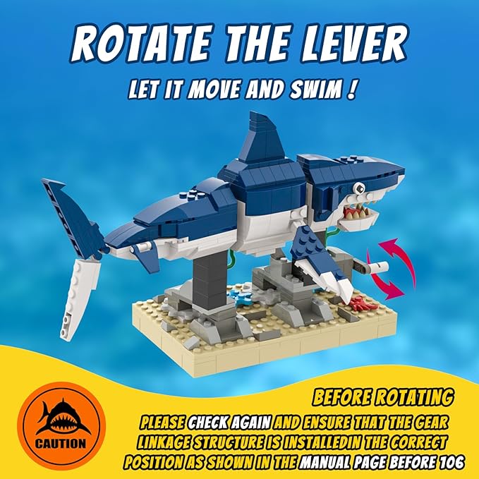 Shark Building Block Set with Rotating Display Stand Swimming Ocean Animal Model Compatible with Lego 630 Accessory Creative Home Decor Easter Birthday Gift for Adults Teens Kids 4+ 369Pcs